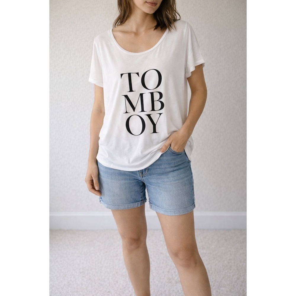 Banana Republic Womens TOMBOY Graphic Tee White 100% Viscose Size‎ L Y2K